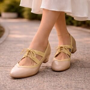 VTG Seychelles Women's Leather Lace Up Cutout Block Heel Shoes Tan Yellow 8 READ